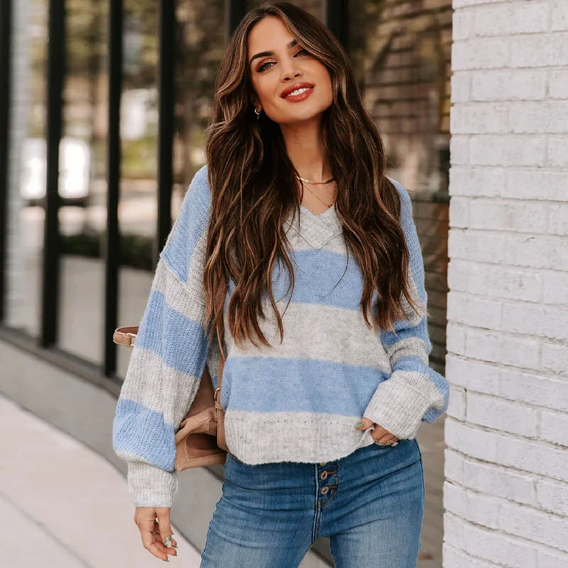 Youthful Street Fashion Sweet Oversized Striped V Neck Inside Out Pullover Knit Sweater