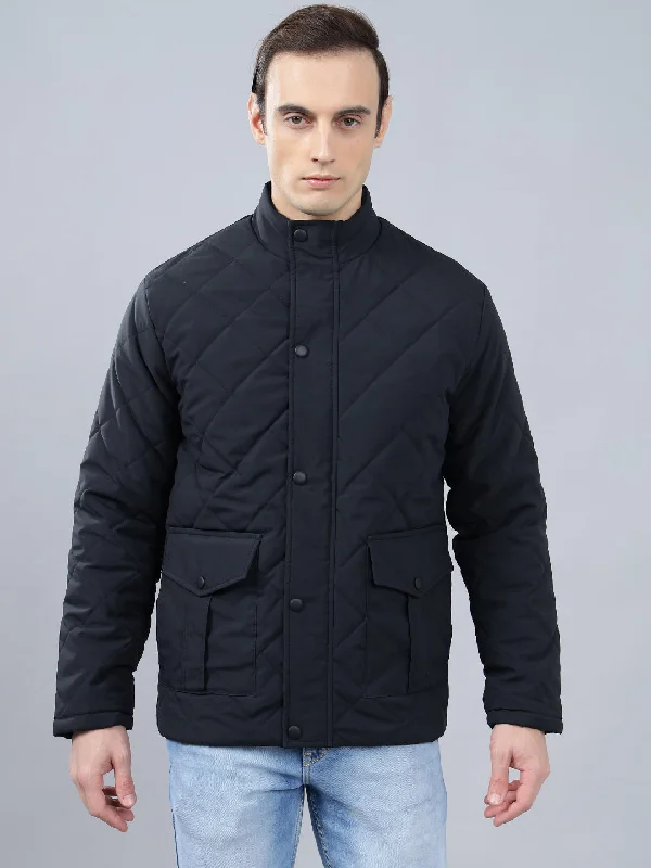 Sports Series Men's Navy Blue Solid Stand Collar Winter Jacket