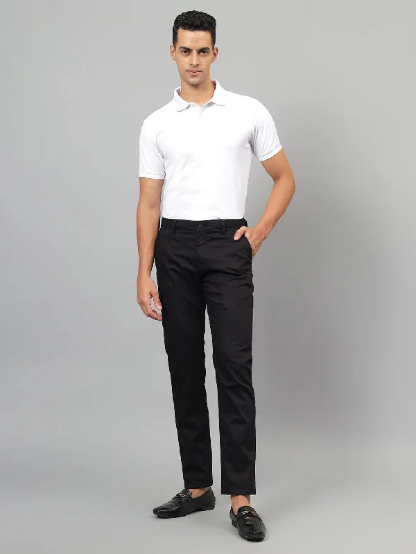 Stunning Fashion Men's Black Self-Design Non-Pleated Casual Trouser