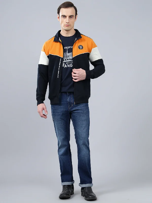 Slim Fit Men's Color Block Navy Blue Mock Collar Sweatshirt