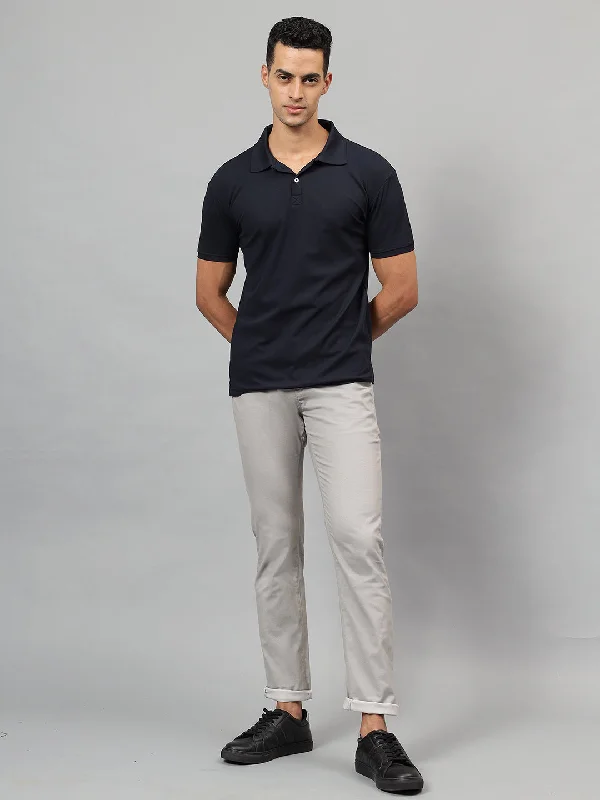 Comfortable Design Men's Grey Self-Design Non-Pleated Casual Trouser