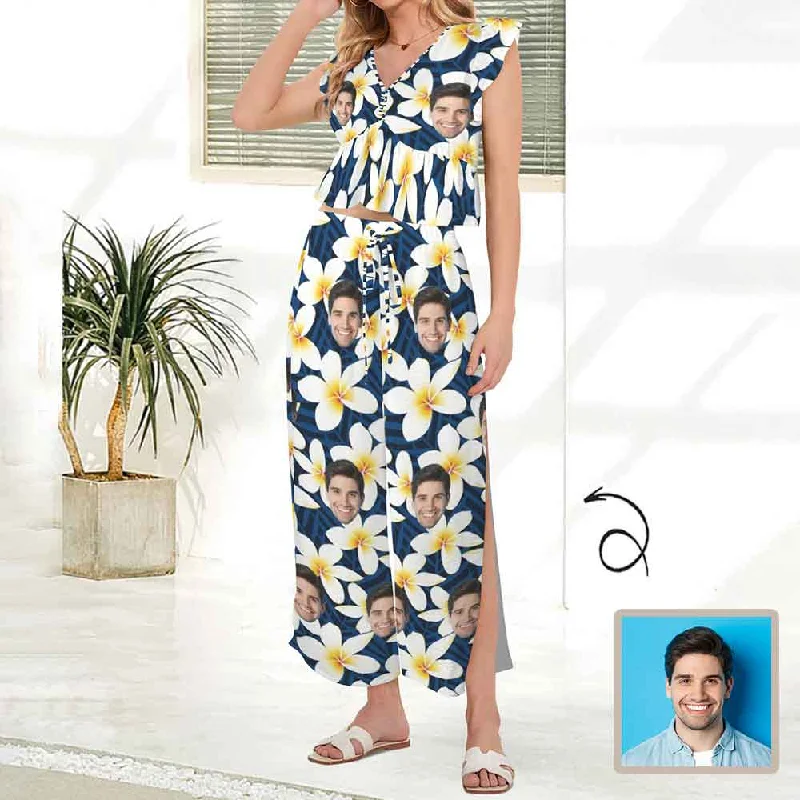 Comfortable Outfits Custom Face Blue Lily Women's Deep V Neck Crop Top Side Slit Drawstring Wide Leg Pants Set