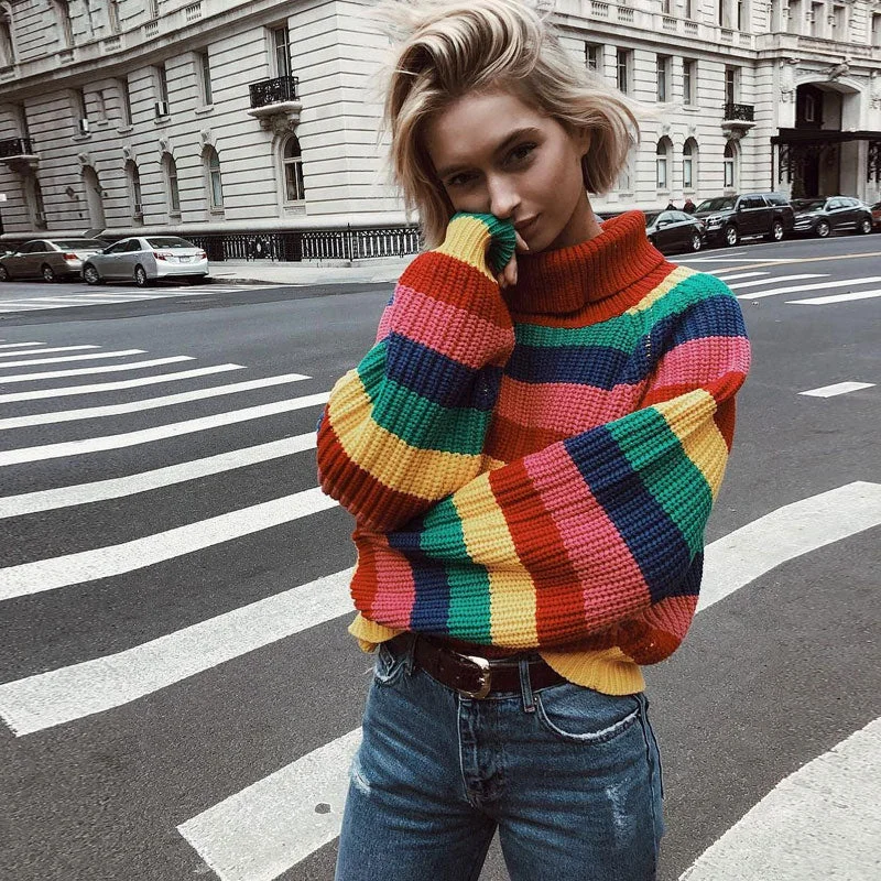 Fashionable Inner Wear Oversized Multicolor Turtleneck Bishop Sleeve Rainbow Striped Knit Sweater