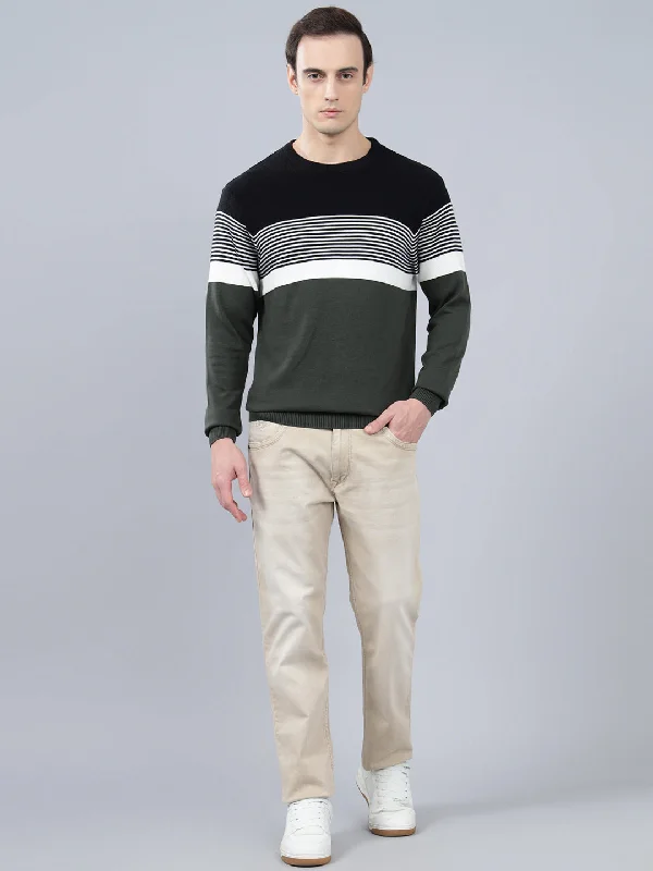 Stylish Ease Men's Olive Green Striped Full Sleeve Sweater