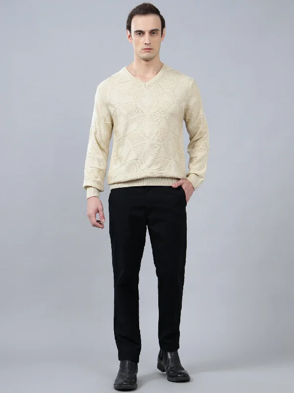 Effortless Elegance Men's Self Design Beige Full Sleeve Sweater