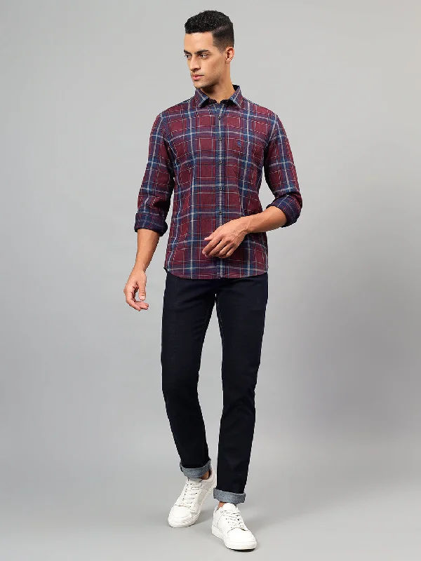 Fresh And Simple Men's Wine Checked Casual Full Sleeves Shirt