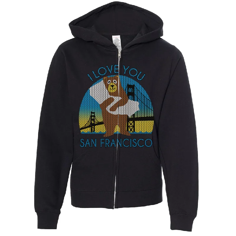 Comfortable And Casual I Love You SF Knit Style Bear Premium Youth Zip-Up Hoodie