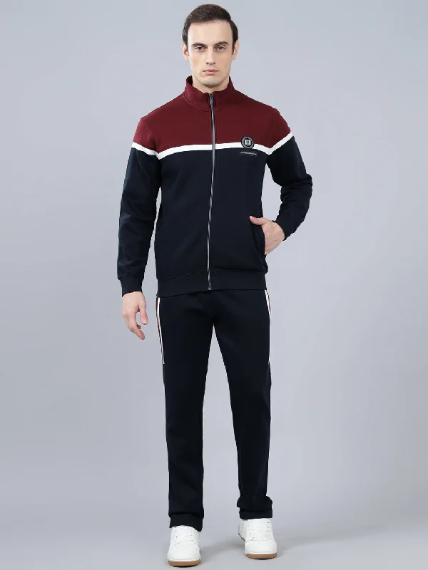 Personal Design Men's Navy Blue Color Block Winter Track Suit