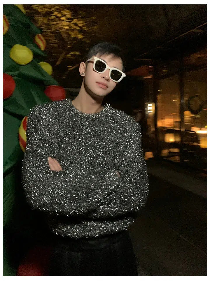 Soft Fashion Metallic Silver Sequin Round Neck Sweater