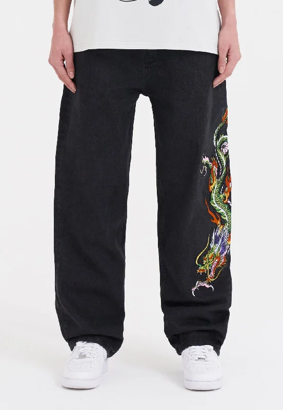Sporty Wear Womens Crawling Dragon Relaxed Fit Denim Trousers Jeans - Black