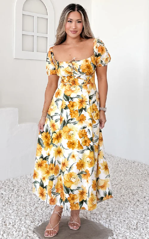 Comfortable Fitwear Kiaya Midi Dress - Yellow Floral